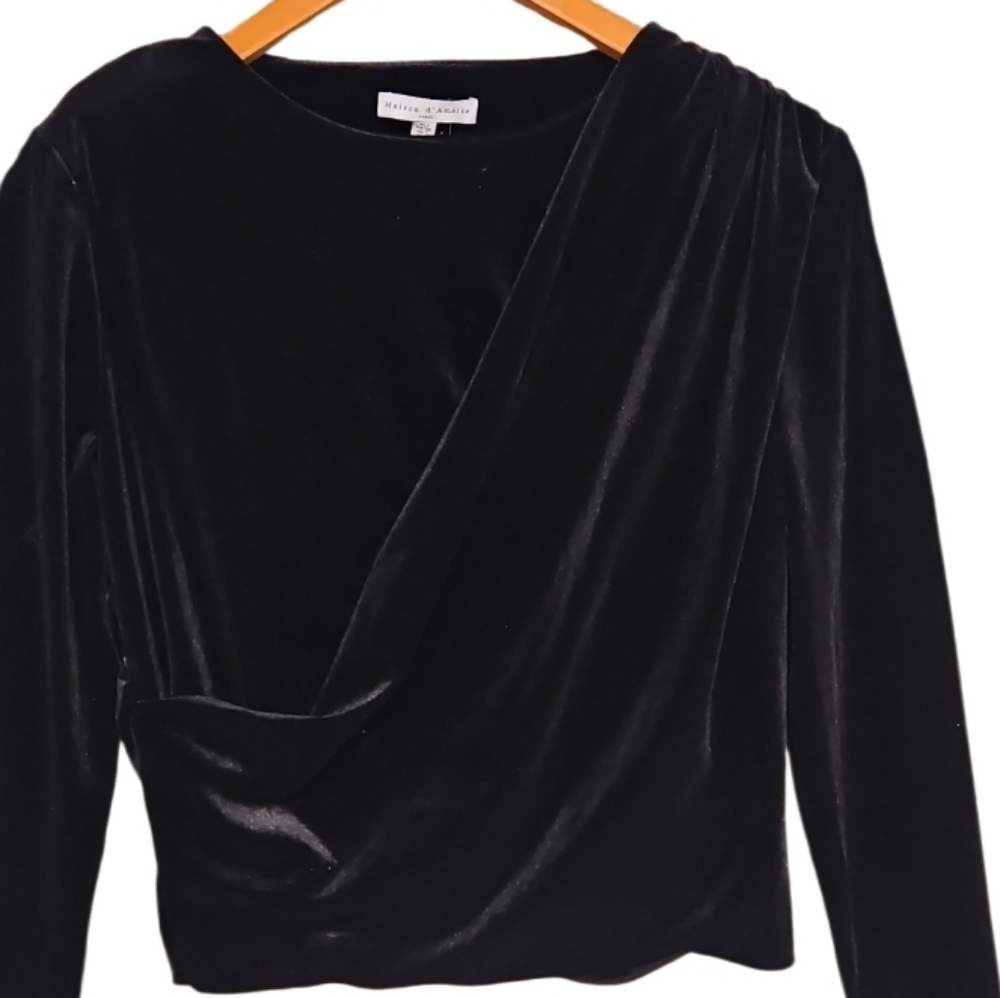 NEW! MAISON D'MELIE Black Velvet Ruched Long Sleeve Blouse Top Small.